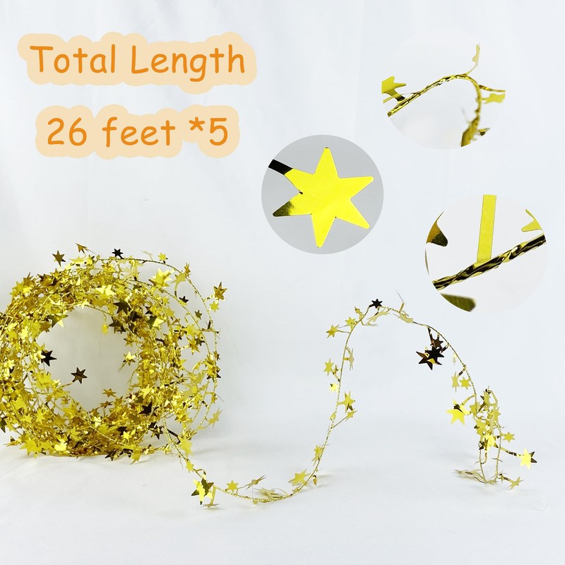 5 Rolls 130 Ft Gold Tinsel Stars Brace Star Tinsel