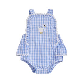 Dewadbow Newborn Baby Girl Clothes Gingham Goose Lace Bow Ruffle Romper Sleeveless Backless Bodysuit Infant Farm Outfit (Blue, 3-6 Months)
