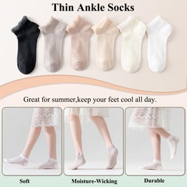 bropapa Women's Ankle Socks,Frilly Cuff,Low Cut,Mesh Cool Thin Casual Athletic Socks 6 Pack (Size5-9)
