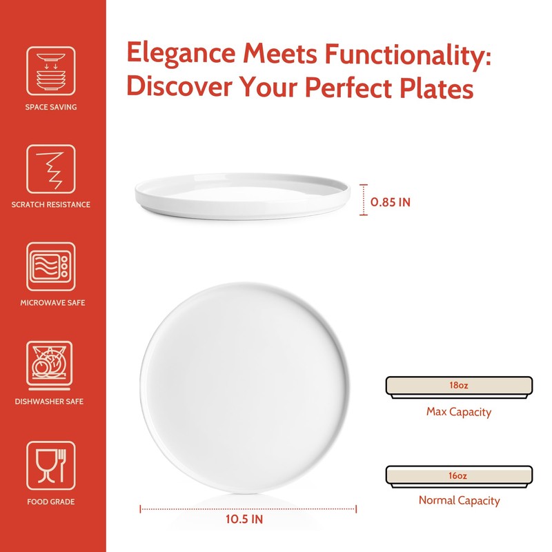 Sweese Porcelain Flat Dinner Plates Set of 6, 10.5 Inch