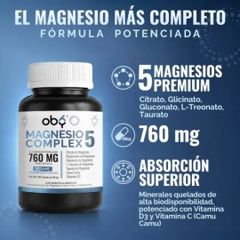 Oby Magnesio Complex 5 | Citrato, Glicinato, Treonato, Taurato, Gluconato | Sin oxido | Minerales Quelados polvo, Camu C y D3 | Magnesium Complejo Pre