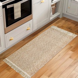YINLUMY Kitchen Runner Rug, 2'x 4.3' Boho Bathroom Rugs Washable Farmhouse Runner Soft Tan Cotton Reversible Entryway Rug with Tassels, Hand Woven Bedroom Carpet Hallway Mat for Laundry Room