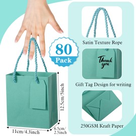 Zhanmai Teal Blue Christmas Mini Gift Bags with Handles 80 Pcs 4.3x2.5x5 Inches Small Thank You Paper Goodie Bags Bulk Birthday Wedding New Year Party Favors