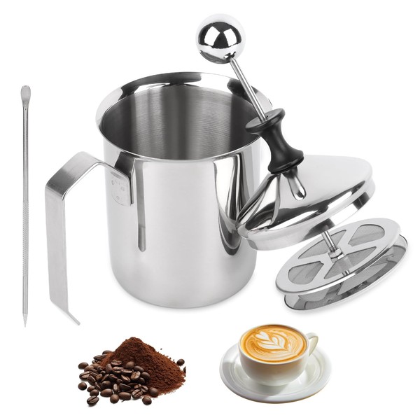 TNOMSNO Milchaufschäumer Manuell, 400 ml Double Mesh Milchaufschäumer Manuell Edelstahl