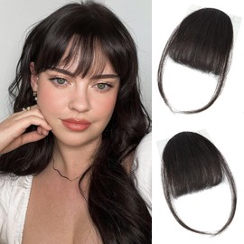 YOLIN Clip in Bangs, 100% Real Human Hair Brown Black Fake Bangs Clip in Hair Extensions Fringe with Temples Hairpieces for Women Curved Curtain Bangs for Daily Wear
