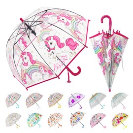 Wxjiahetai Kids Clear Bubble Umbrella Transparent Dome See Through Child Umbrellas for Rain Boys Girls with Pinch-Proof Closure and Easy-Grip Hook Handle(Clear Red Unicorn) | Wxjiahetai