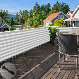 ECOOPTS 3'x136' Balcony Privacy Fence Screen with Zip Ties, Outdoor UV Protection Fence Cover for Balcony Porch Patio Deck Yard (Grey White Stripes)
