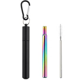 Foweroty 1 Pack Collapsible Stainless Steel Drinking Straws, Metal Reusable Straws, Travel Retractable Straws with 1 Aluminum Case, 1 Cleaning Brush, and 1 Keychains, Cruise Ship Essentials(Black)