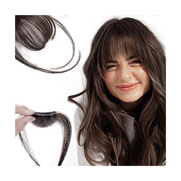 AISI QUEENS Clip in Bangs 100% Human Hair Extensions Reddish Brown Clip on Fringe Bangs with nice net Natural Flat neat Bangs with (Wispy Bangs, Dark Brown)