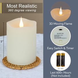 TECHLONG Flameless Candles Battery Operated with Timer, 3D Moving Flame Flickering, Last 600+ Hours Battery Candles, 3" x 5" Ivory Real Wax Electric LED Candle for Wedding Party Decorations