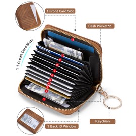BOSTANTEN Credit Card Holder Wallet RFID Blocking Leather Small Wallet for Women Zipper Keychain Wallet with Wristlet Brown