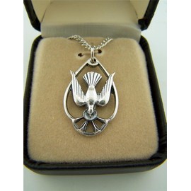 CB Silver Toned Base Tear Drop Shape Holy Spirit Dove Medal, 15/16 Inch