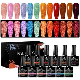 MSRUIOO Reflective Glitter Gel Polish 12 Colors Sparkle Gel Nail Polish Set Diamond Shine Pink Coral Amber Red Holographic Glitter Polish Soak off Uv LED Manicure Gifts for Women