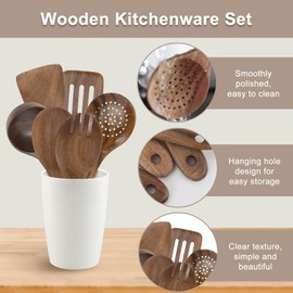 HMIEPRS 6Pcs Wooden Kitchen Utensils Sets, Non-Stick Natural Wooden Spoon for Cooking, Heat Resistant Kitchen Essentials Cooking Utensils Set Including Wood Spatula Paddle Cooking Spoons Salad Fork