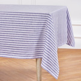 Solino Home Striped Tablecloth 60 x 108 Inch - 100% Pure Linen Violet and White Table Cloth for Rectangle Tables - Amalfi Stripe, Machine Washable Tablecloth for Summer