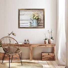 Rustic Long Wooden Framed Art " Rustic Daisies Flowers Metal Watering Can " Farmhouse Style Wall Decor Sign for Tabletop Or Hanging - Durable Handcrafted Wood Print - Home & Office Decoration