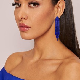 Clearine Long Tassel Earrings for Women Sparkling Navy Blue Rhinestone Crystal Drop Fringe Chandelier Dangle Earrings Blue-Tone