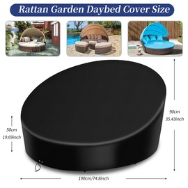 RICHIE Sun Island Cover Waterproof, 420D Oxford Fabric Cover with Adjustable Strap, Rat Sun Island Cover, UV-Resistant Round Protective Cover for Garden Furniture, Black (190 x 50/90 cm)