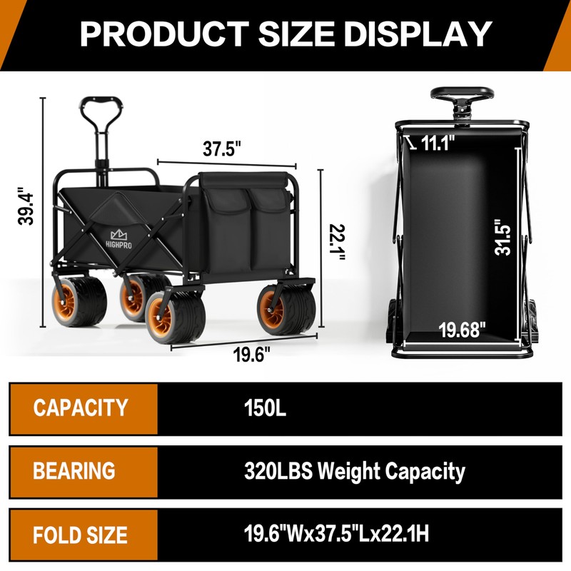 Highpro Heavy-Duty Folding Beach Cart with Extra Large 150L Capacity,