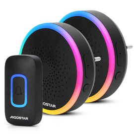 Aigostar Wireless Bell with RGB Light, IP55 Waterproof Outdoor Door Bell Set, 5 Volume Levels, 60 Melodies, 150 m Range, Plug-in, 1 Bell Push and 2 Receivers, Black