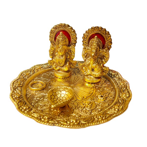 Aluminium Golden Color Plated Laxmi Ganesha Idol with Platter Plate for Puja Diwali Gift Items Deepawali Decorations Indian Dhanteras Pooja Statue Thali
