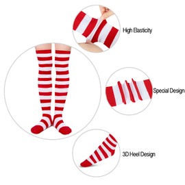 Christmas Knee High Socks - Thigh High Socks for Women Teen Girls, Red Striped Socks, Elf Socks Candy Cane Socks 2 Pack