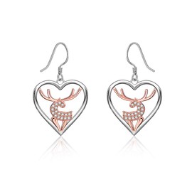 Christmas Reindeer Heart Earrings Sterling Silver Deer Dangle Drop Earrings for Women Cartilage Diamond Piercing Weird Funny Holiday Gift