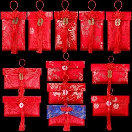 12 Pieces Silk Red Envelope Chinese Red Pocket Lucky Money Hong Bao Card Envelope for Spring Festival Wedding New Year Birthday, 12 Styles with Chinese Knot Jade Pendant Copper Coin