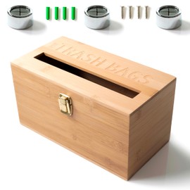 CLOKA Trash Bag Holder - Wall Mounted Bamboo Garbage Bag Organizer Dispenser Roll Under Sink Container for Kitchen - Complete with 3 Wall Mounted Dish Towel Hooks