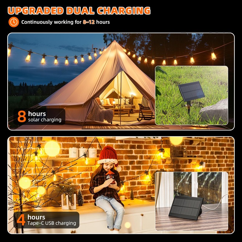 Kawaya Solar-Powered String Lights Outdoor, 100 FT LED USB-Charging Patio