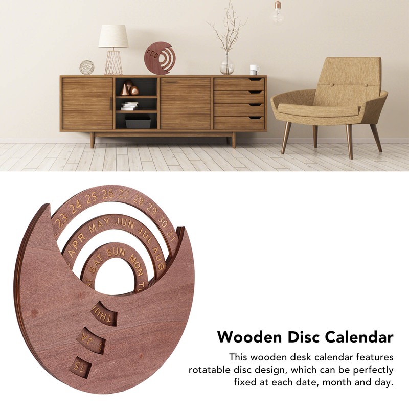 Wooden Disc Calendar Dark Brown Rotatable Disc Natural Wood Vintage