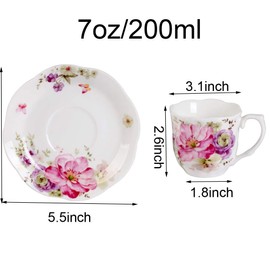 GY 12 PCS Tea Set - 7oz New Bone China tea Cups and Saucers with Pink Flower Pattern Porcelain Cups for Mocha Cappuccino Tea and coffee
