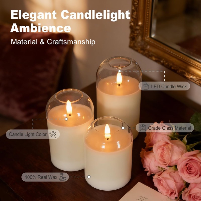 LEDHOLYT Rechargeable Glass Jar Flameless Candles, Realistic Flickering LED Pillar