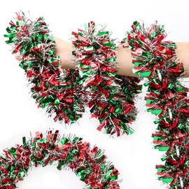50FT Red Green Silver Christmas Tinsel Garland Metallic Twist Shiny Garland for Christmas Tree Decorations, Xmas Holiday Hanging Garland for Home Mantle Stair Indoor Outdoor Party Supplies Decor