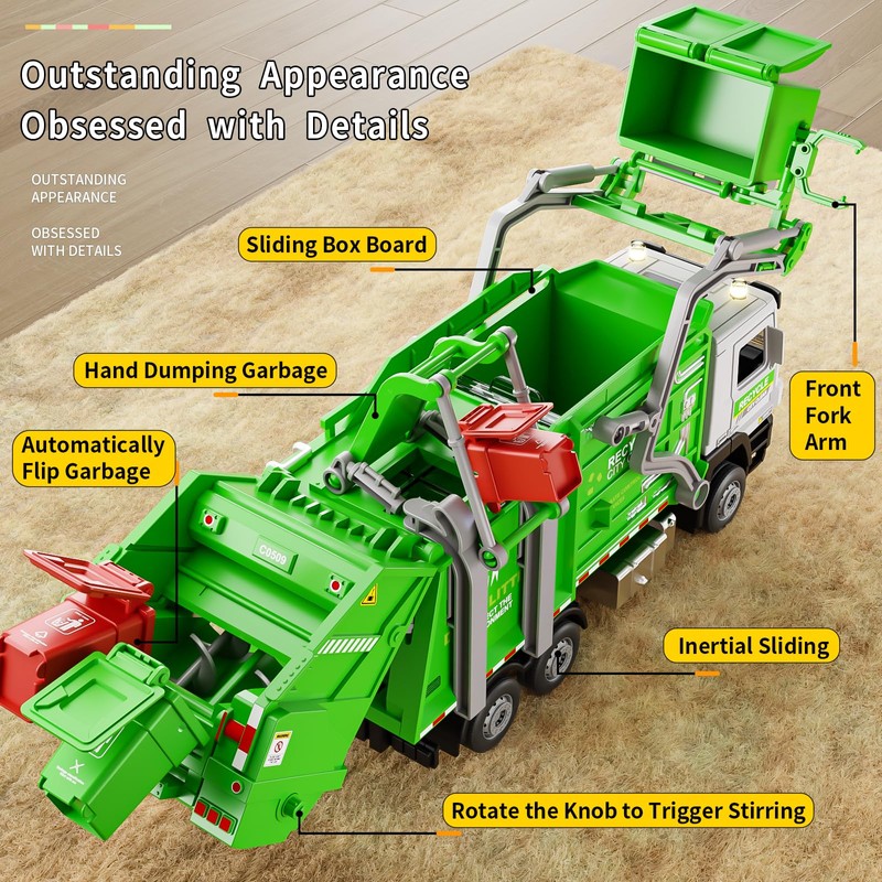 Yewkou Garbage Truck Toy, Friction Powered Recycling Vehicles with Lights