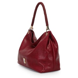 Hobo Shoulder Bag with Braided Handle, Burgundy Faux Leather, Gold-Tone Hardware