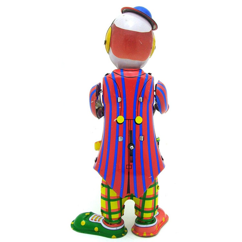 Vintage Wind Up Tin Toy Drumming Circus Clown Robot Clockwork