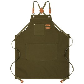 EUDOLAH Chef Aprons for Women Men with Large Pockets Cooking Aprons Canvas Cross Back Water Repellent Work Apron, Green
