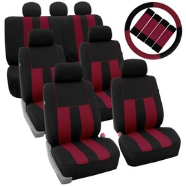 FH Group 7 Seater Three Row Combo Set Striking Striped Car Seat Covers with Steering Wheel Cover and Seat Belt Pads - Universal Fit for Most Cars, Trucks, SUVs or Vans Burgundy/Black