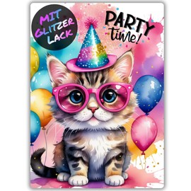 celebr8te 12 x Party Cat Glitter Invitation Cards – Teenager Children's Birthday Boys & Girls – Cool Animal Birthday Invitations Including Messenger Picture & Holiday Voucher