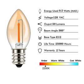 Tsunetani-C7 Edison LED Filament Mini Night Light Bulbs 0.5W Equivalent to 5 Watt Incandescent - E12 Candelabra Base 2200K Ultra Warm White for Home Decorate LED Village Bulb - 3Pack (Amber Glass)