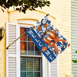 AVOIN colorlife Blue and White Chinoiserie Fall House Flag 28x40 Inch Double Sided Outside, Pumpkin Autumn Rustic Yard Outdoor Flag