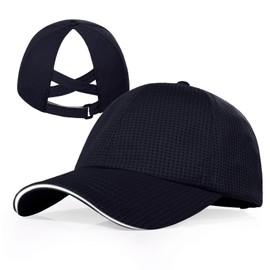 Criss Cross High Ponytail Baseball Cap for Women Lightweight Mesh Running Hat with Reflective Trim, Adjustable Fit for Sports Navy Blue