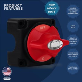 Five Oceans Battery Disconnect Switch, Marine Battery Switch On-Off with Knob, 250 Amp Continuous, 350 Amp Intermittent, 12-24 Volts, Battery Disconnect, Battery Disconnect Switch 12V - FO3510
