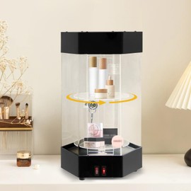YUYFCC Electric Rotating Display Case Stand Lockable Jewelry Display Case with LED Light Modern Acrylic Collection Storage Display Cabinet Locking Case for Perfumes Earring Jewelry, Clear & Black
