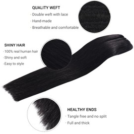 FUBILI Black Clip in Human Hair Extensions 14 Inch Clip In Hair Extensions Lace Weft Real Human Hair Natural Black Brazilian Hair Clip in Extensions Silky Straight Remy Human Hair 7pcs 105g