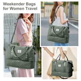 Weekender Bags for Women, Travel Duffel Bags with Shoe Compartment,Personal Item Travel Bag for Airlines, Carry on Overnight Tote Bag for Women with Toiletry Bag，Grid-Olive Green
