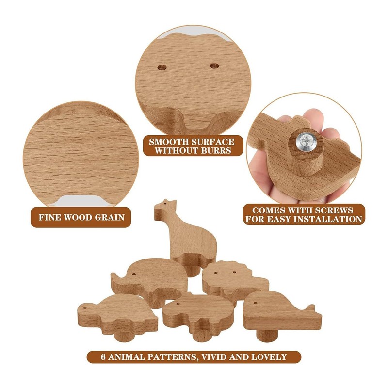 Povxlum 6pcs Wooden Animal Cabinet Knobs Decorative Dresser Knobs with