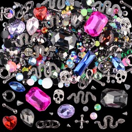 Kikonoke 300 Pcs Cone Rivet with 3D Metal Skull Cross Chains Snakes Vintage Alloy Nail Charms Glass Pointed Bottom Gems and Resin Rhinestones for Women Girls Metal Nail DIY (Black)