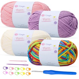 Renyiz 4-Pack 100g Chunky Cotton Crochet Yarn with 4mm Hook, Soft Non-Split Thick Yarn for Amigurumi DIY Gifts, Home Decor, Beginner Projects (Pink+Purple+Offwhite+Rainbow)